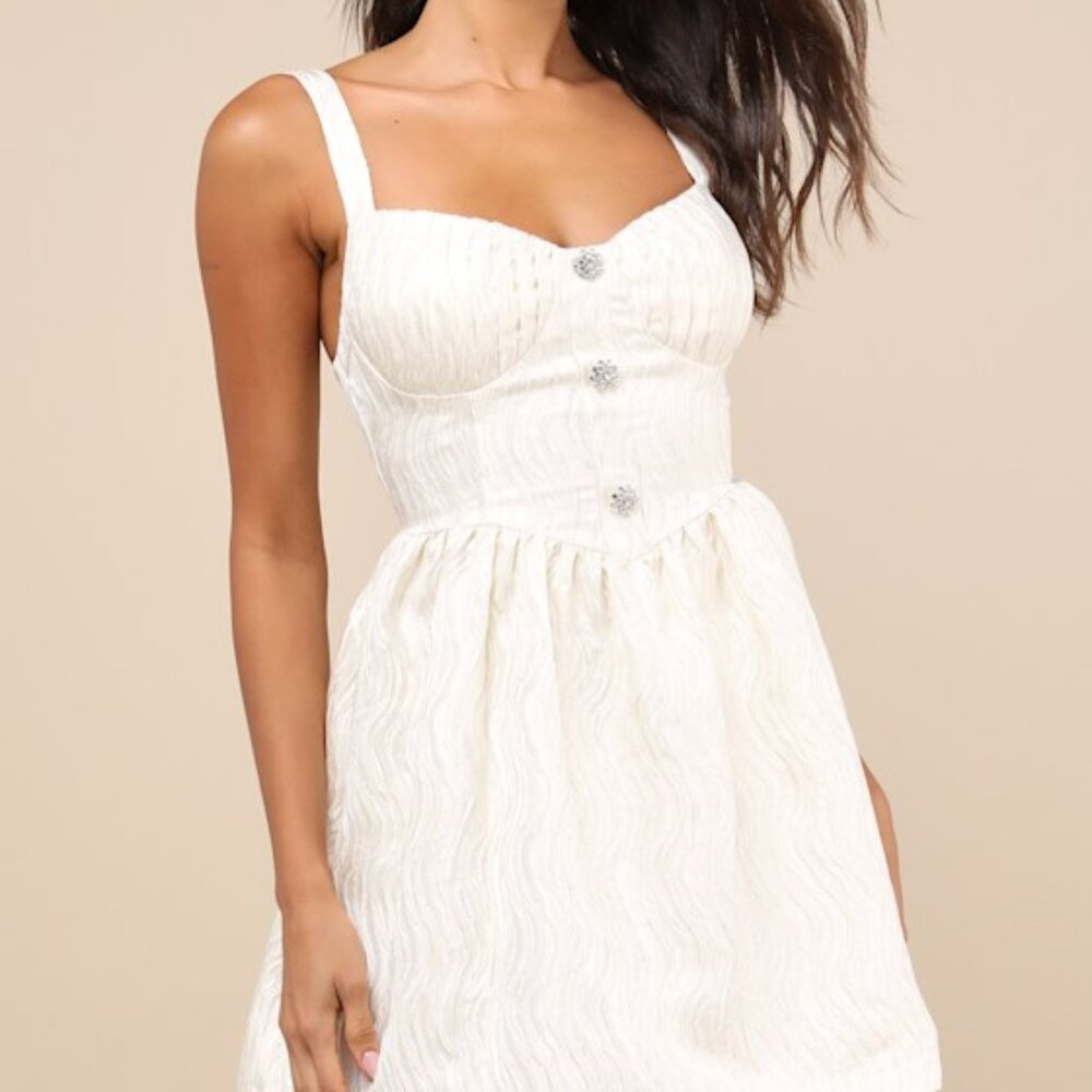 Lulus Charmingly Precious Cream Pleated Textured Bustier Mini Dress Beige